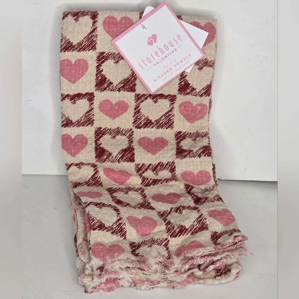 Storehouse‎ Pink And Red Heart Checkered Pattern Kitchen Hand Towels Valentine